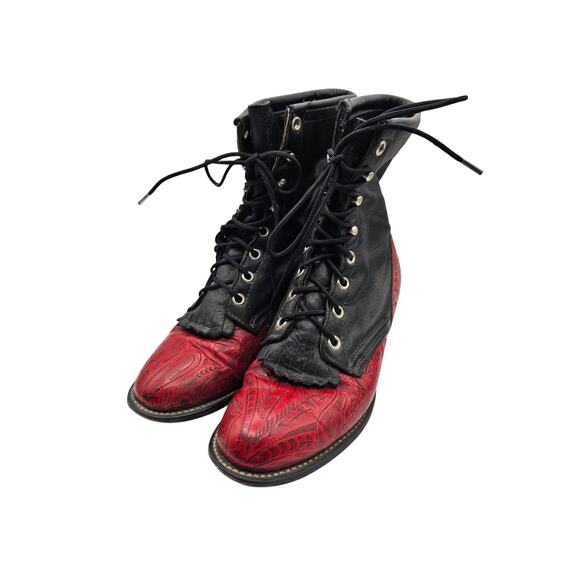 VTG 1980s Laredo Leather Kiltie Lace Up Boots Black Red 7M Western Gothabilly - Picture 2 of 9
